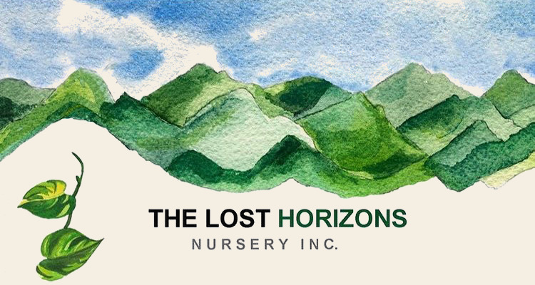 The Lost Horizons Nursery Inc., watercolor emblem of green mountains and a trailing pothos vine